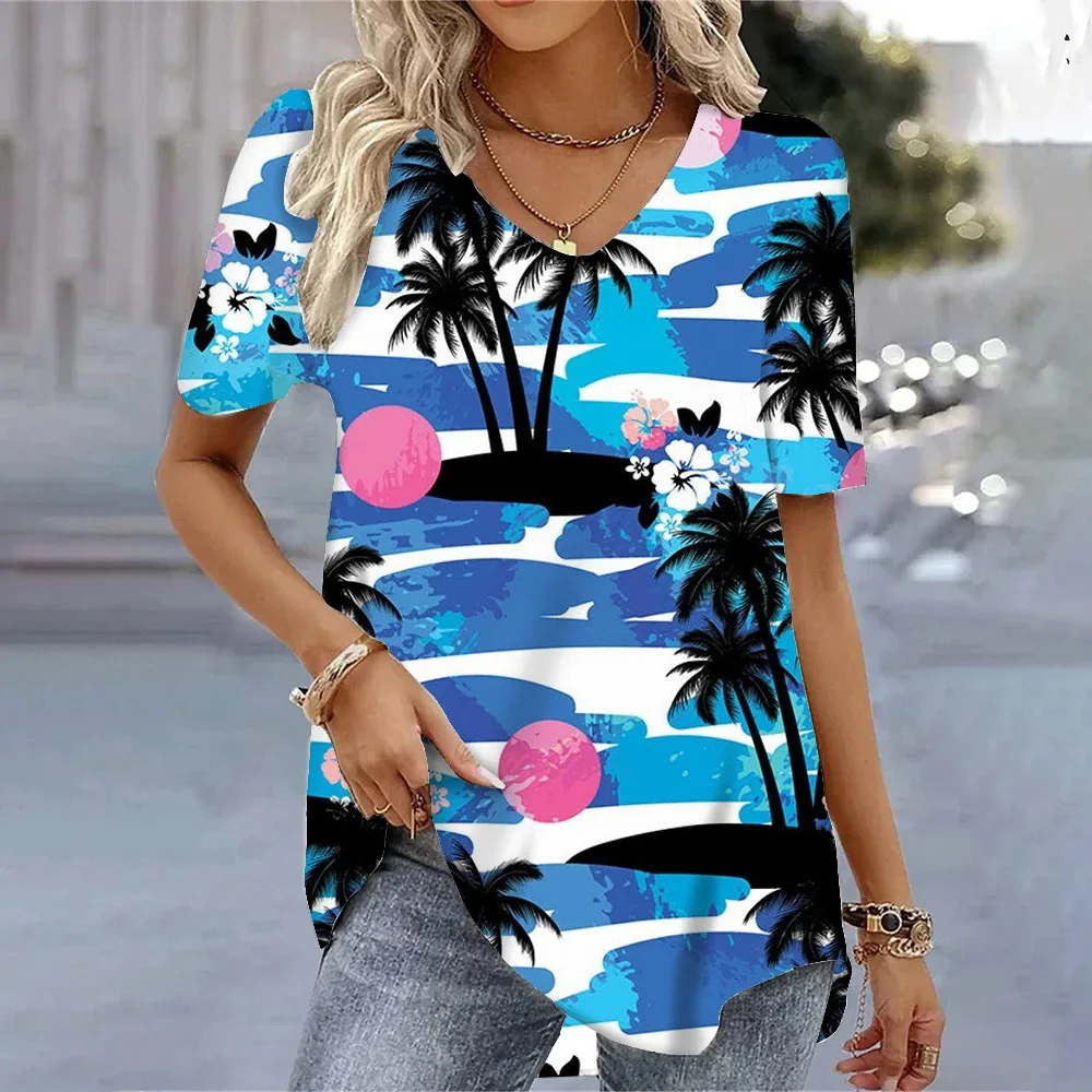 

Women's Casual Loose T-shirts Fashion Streetwear Daily Hawaiian Style O-Neck Short Sleeves Tops Pullovers 2024 Summer O-Neck Tee