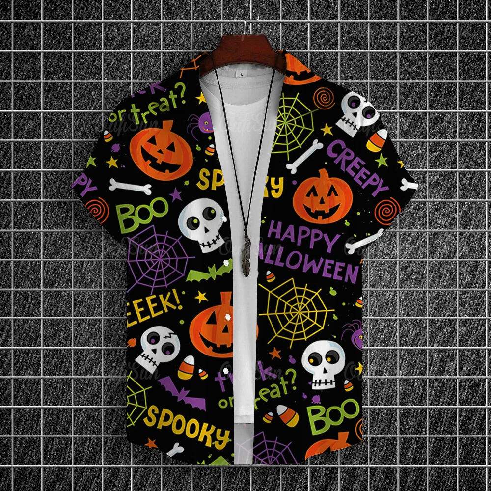 Halloween Devil Pumpkin Shirt For Men 3d Printed Terror Skull Ghost Short Sleeved Holiday Streetwear Stylish Masculine Style