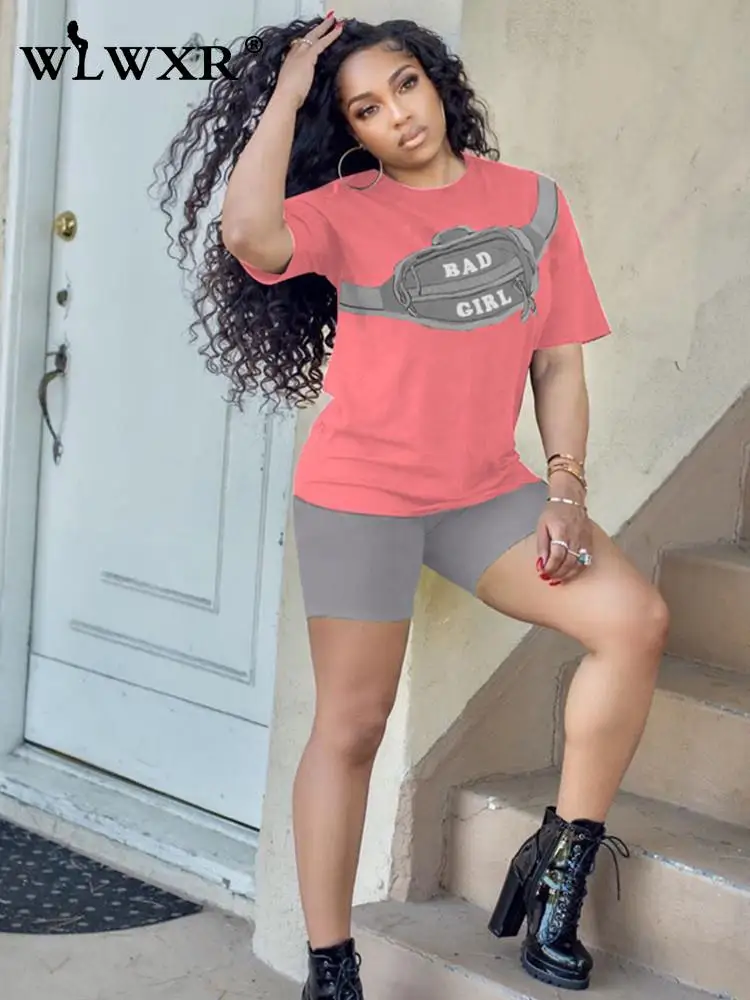 

WLWXR Summer Streetwear Womens 2 Two Peice Sets Outfits O Neck Short Sleeve Print Crop Top Skinny Club Shorts Black Matching Set
