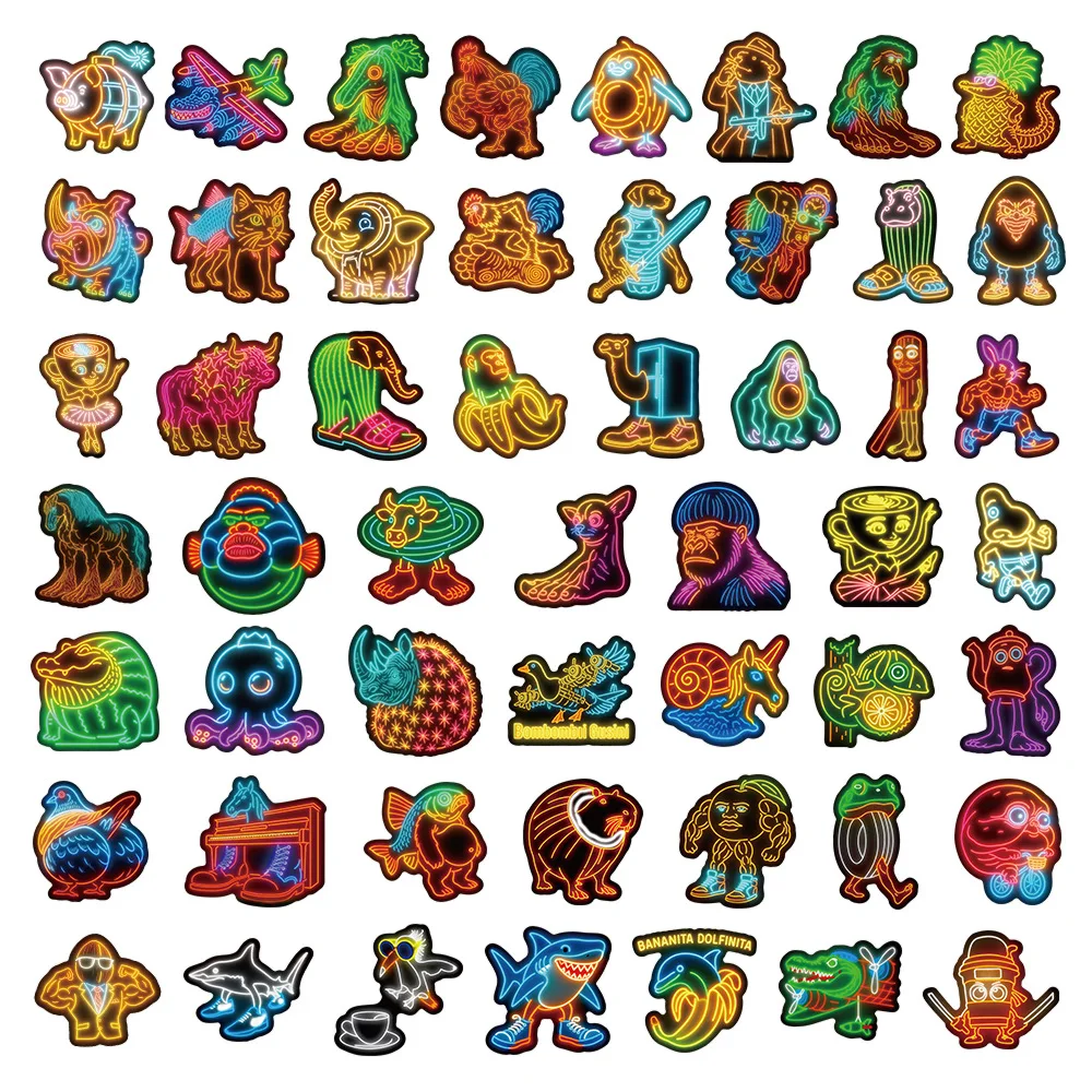 Neon Abstract Animal Stickers 50Pcs Tung Tung Sahur Italian Brainrot Animals Cartoon Decal DIY Luggage Phone Cup Guitar Stickers