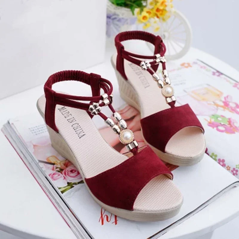 Summer Ladies Platform Wedge Sandals with Rhinestone Red Beige Casual Comfortable Slope Heel Open Toe Shoes Women's Luxury platform high heels sandals platform sandals