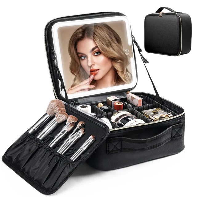 Travel Makeup Bag With LED Lighted Mirror, Makeup Train Case With Adjustable Dividers For Home,Gift,Vacation 1