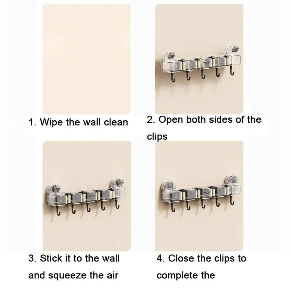 Practical Plastic Suction Cup Mop Clamp Non Punching 4 Position Mop Holder with Hook Space Saving Broom Hanger Bathroom
