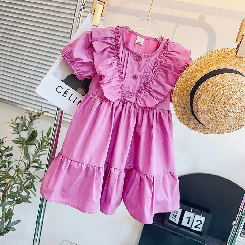 

Summer 2023 New Arrivals Girls Short Sleeve O Neck Ruffles Purple Infantil Menina Cute Party Girls Dress Custume 18M-6T