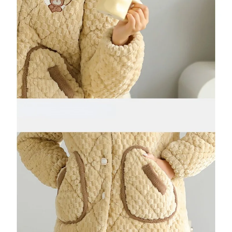 2023 New Winter Women Cotton Pajamas Three Layers Warm Thick Homewear Plus Size Coral Velvet Cotton-padded Hooded Sleepwear Suit