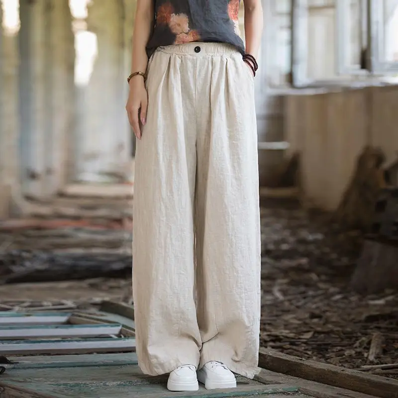 2024 Summer New Art Retro Pants Women's Solid Cotton Hemp High Waist Folds Pocket Button Loose Straight Casual Wide Leg Trousers