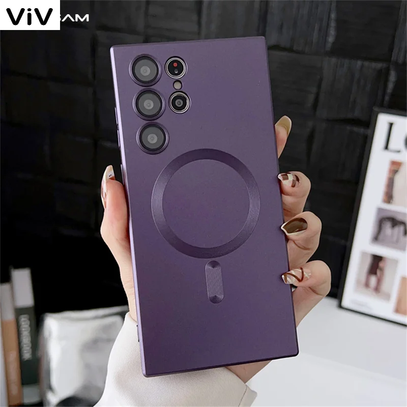 

Магнитный чехол Magsafe для беспроводной зарядки для Samsung Galaxy S23 S21 S20 FE S22 Note20 Ultra Plus, стеклянный объектив, мягкий силиконовый чехол