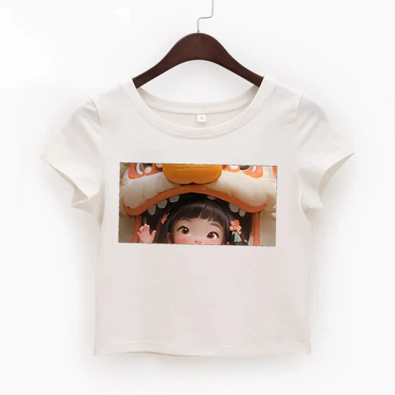 

Cute tiger printed short-sleeved T-shirt Y2K fashion solid color round-neck T-shirt in the 1990s