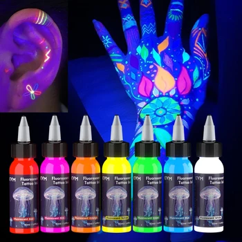 Inchiostro per tatuaggi fluorescente da 30 ml, pigmento a 7 colori dotato di illuminazione a luce ultravioletta, adatto per forniture per tatuaggi per body art
