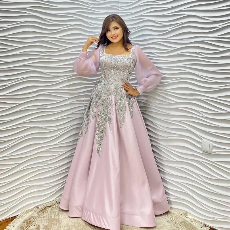 

Luxury Pink Dubai Sexy Square Collar Evening Dress Long Sleeves Arabic A-Line Formal Dresses for Women Beads Crystal Party