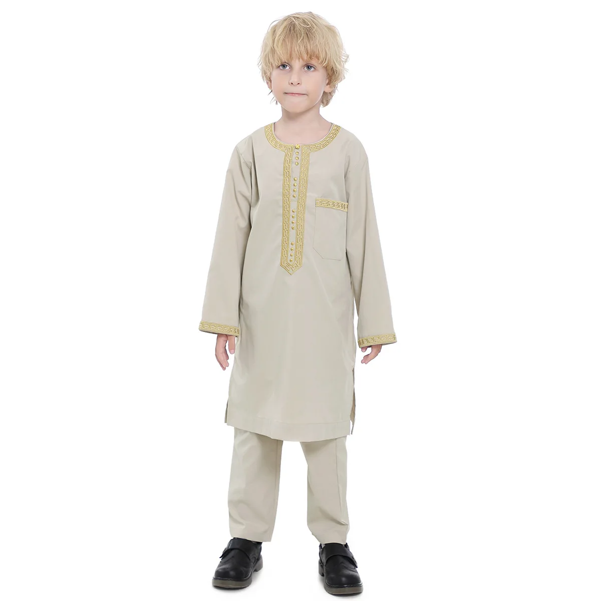 Muslim Boys Islamic Round Collar Embroidered Button Long Sleeves Thobe and Pants Suit Arabic Children Ramadan Robe Caftan Set