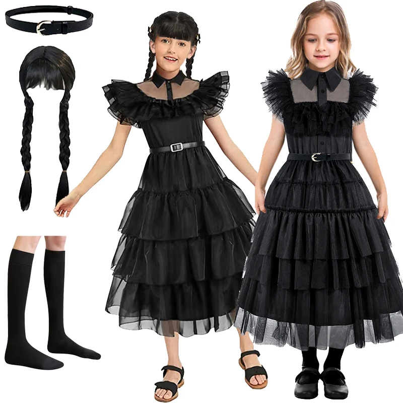 Girls Dress Princess Costume Wednesday Halloween role-playing costume Wish asha dress Girls Hollowed out Lace Princess Skirt Black Casualmesh Skirt
