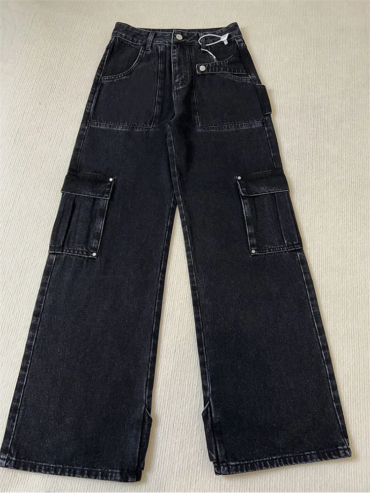 Women\'s Black Vintage Wide Leg Jeans Fashion Baggy High Waist Cargo Pants High Street Mopping Denim Trouser 2022 Autumn Ladies