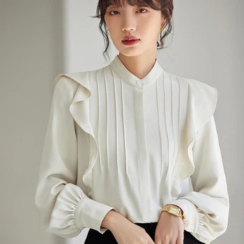 H Han Queen 여성용 긴팔 블라우스, 러플 빈티지 상의, 심플하고 우아한 쉬폰 블라우스, 올 매치 패션, 캐주얼 셔츠, 가을