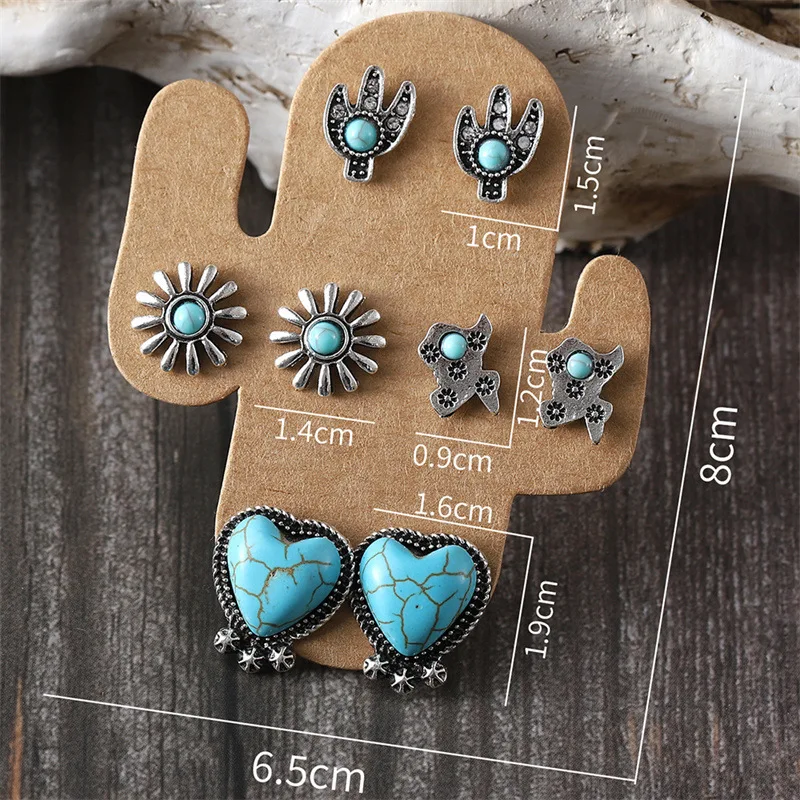 Western Turquoise Stud Earrings - Cowgirl Boots & Cattle Head Bohemian Style