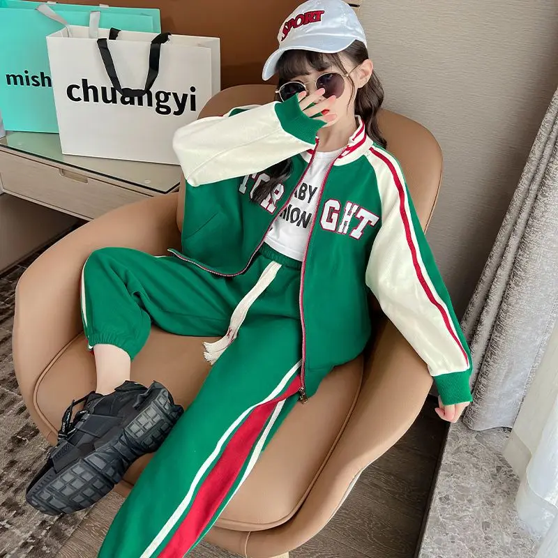 

2023 Spring Autumn Teen Girls Sets Jacket Loose Cuffed Drawstring Pants Two Pieces Striped Letter Printing Korean 5-12 Years Old