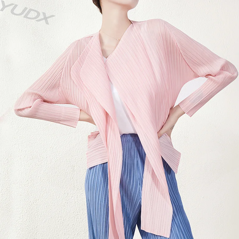 

YUDX Miyake Pleated Casual Women's Cardigan Jacket 2023 Spring and Autumn New Tie Design Fashion Hundred Slim Long Sleeve Top