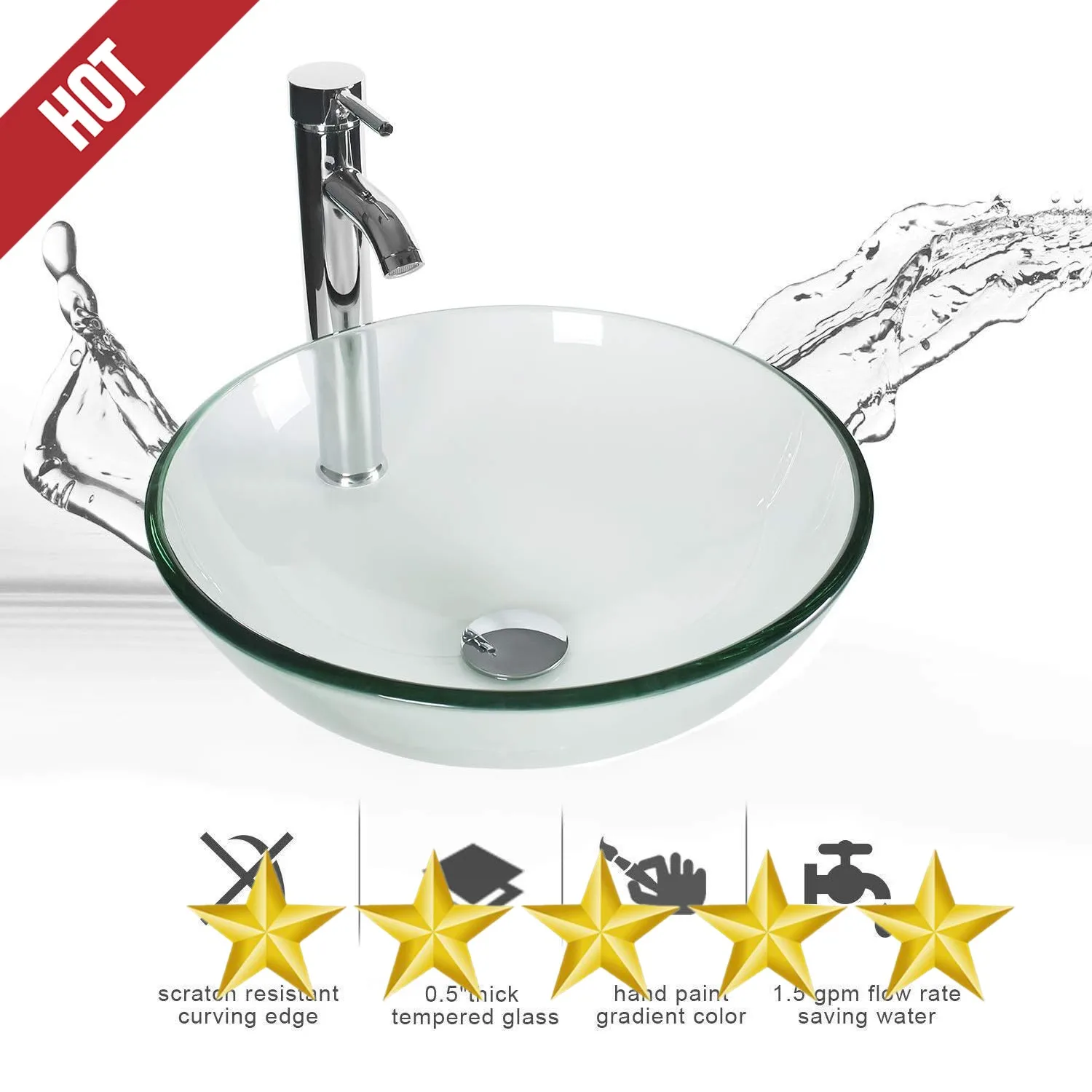 16.5" Bathroom Vessel Sink Clear Round Tempered Glass Basin Countertop Bowl Sink , W/Chrome Faucet Pop Up Drain 2