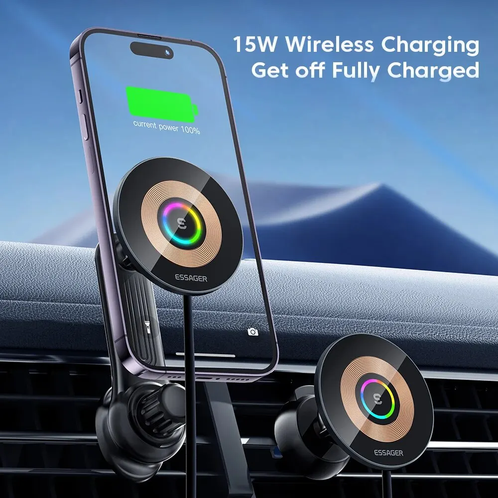 Phone Car Holder Essager 15W QI Car Wireless Charger Mount For iPhone 14 13 12 Pro Max Wireless Fast Charging
