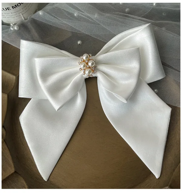 Bridal White Satin Bow Barrettes Wedding  Side Clip  Headdress Elegant  hair accessories for women as photo