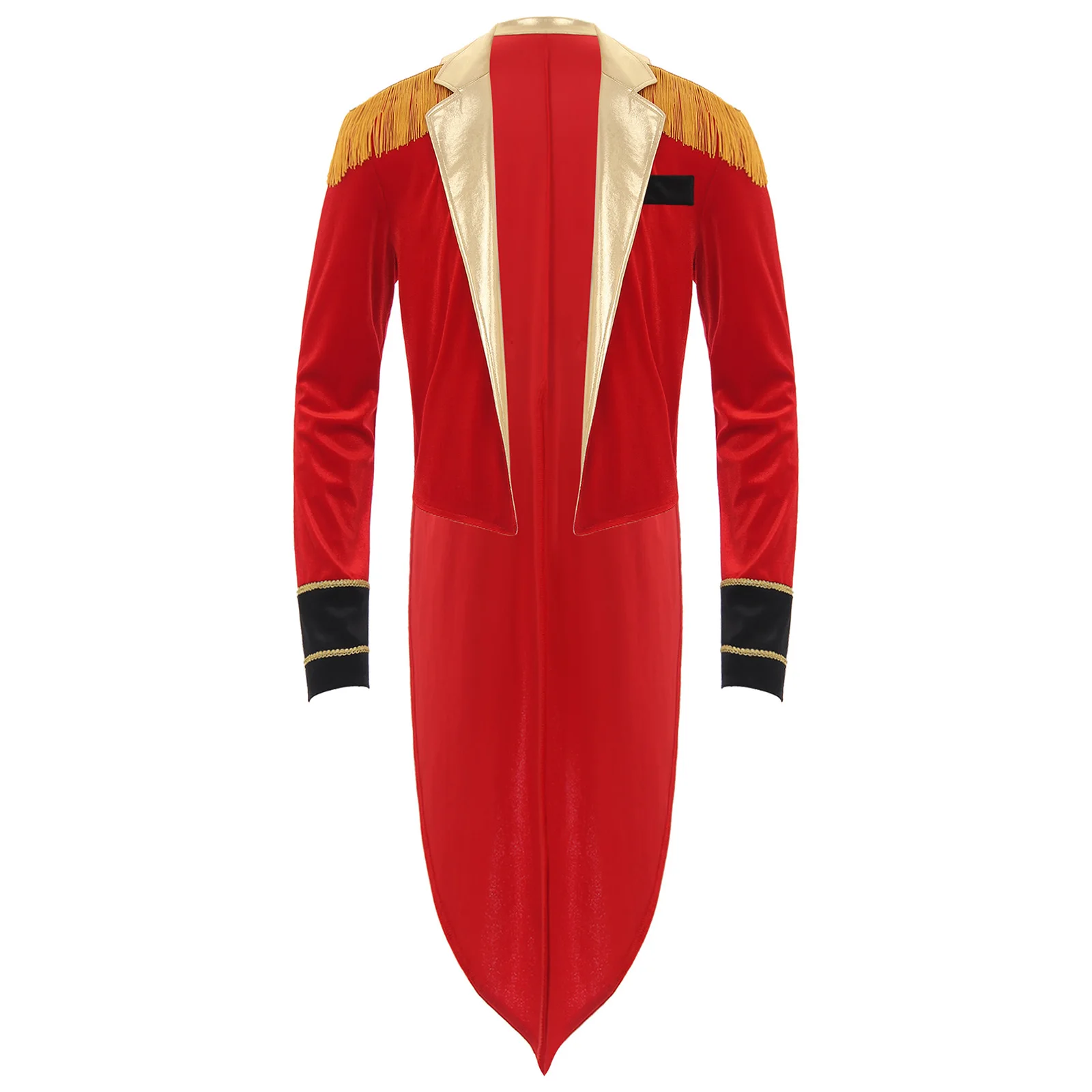 

Mens Circus Master Ringmaster Costume Metallic Showman Jacket Halloween Theme Party Tailcoat Tassel Velvet Swallow-Tailed Coat