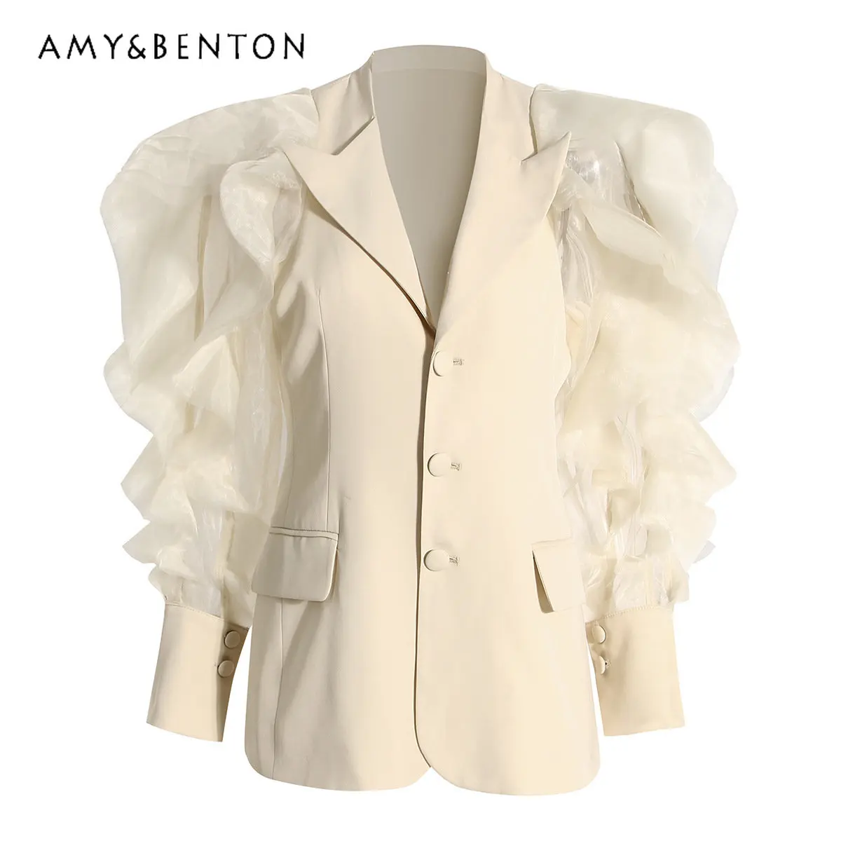 

Design Mesh Patchwork Ruffled Long Sleeve Single-Breasted Women's Suit Jacket 2023 Spring Autumn New Fashion Suit Coat