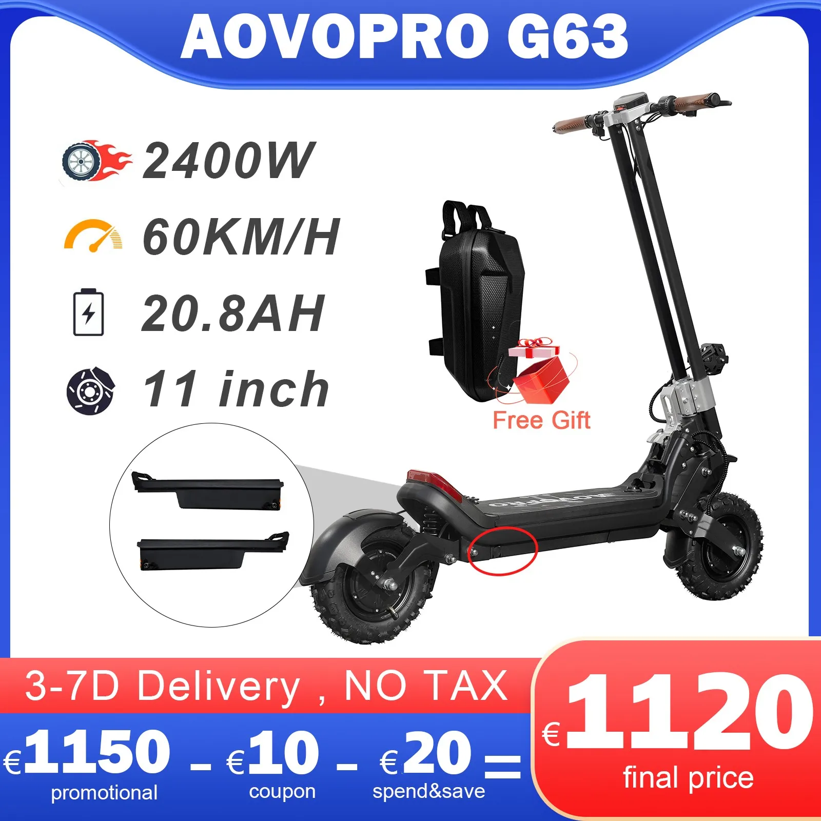 Aovopro G63 70Km Scooter Elettrico 20.8Ah Batteria Staccabile Smart App 2400W Escooter A Doppio Motore Con Pneumatico Fuoristrada Da 11 Pollici