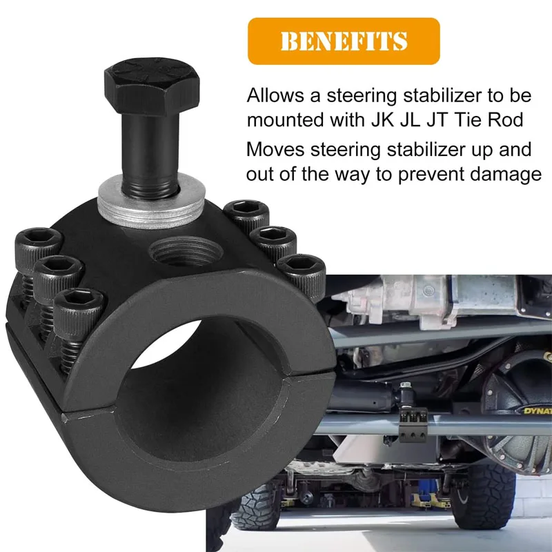 Steering Stabilizer Tie Rod Clamp and Steering Stabilizer Relocation Bolt Fit for 2007- Jeep Wrangler JK JL JT with1-1/2" OD