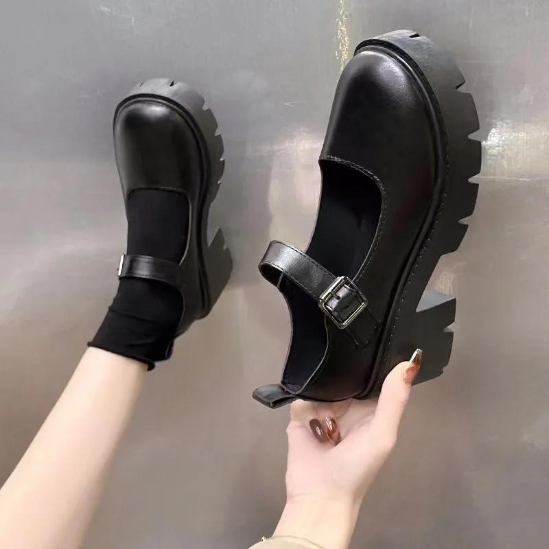 2023Lolita Shoes Japanese Girl Platform Black High Heels Fashion Round Toe  Jane Women Patent Faux Leather Student Cosplay Shoes
