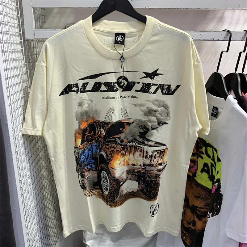 

Hellstar T-shirt Explosion Car 23Fw New High Street Fashion Vintage Tops Mens Womens Loose Oversized Short Sleeve T Shirt