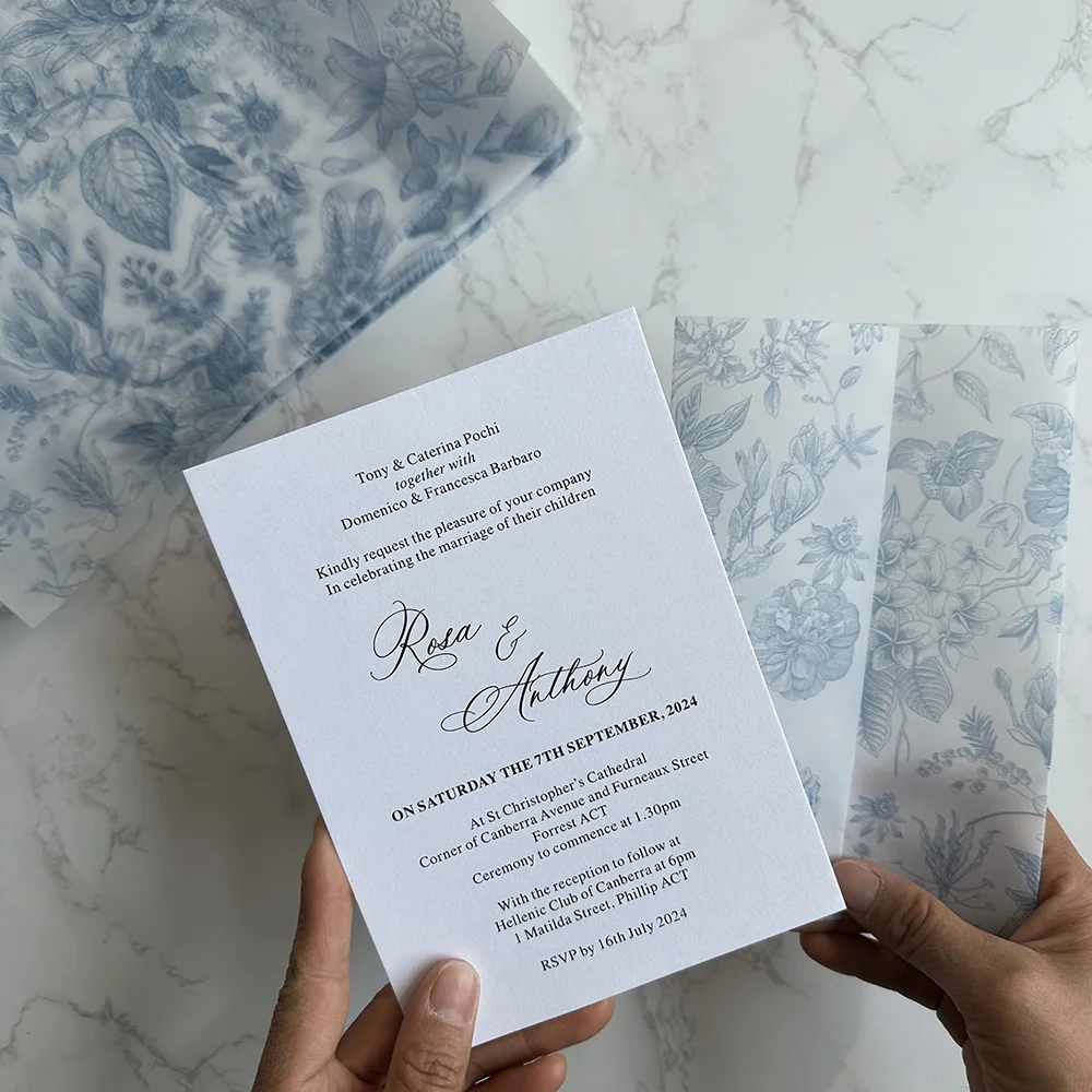 Blue green or pink flower Vellum Wrap suitable for a 5 x 7 Wedding Invitation