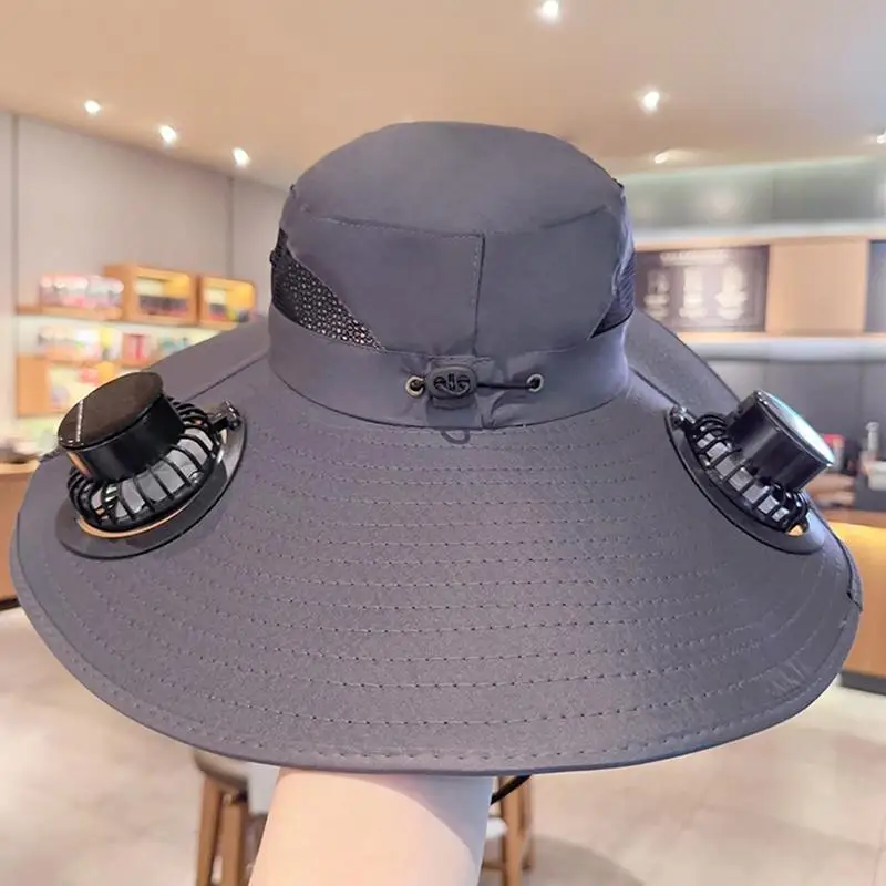 Mens Sun Hat with 2 Fan Summer Cooling Wide Brim Bucket Hat Beach Hat Garden Hat Solar And USB DualPower Supply