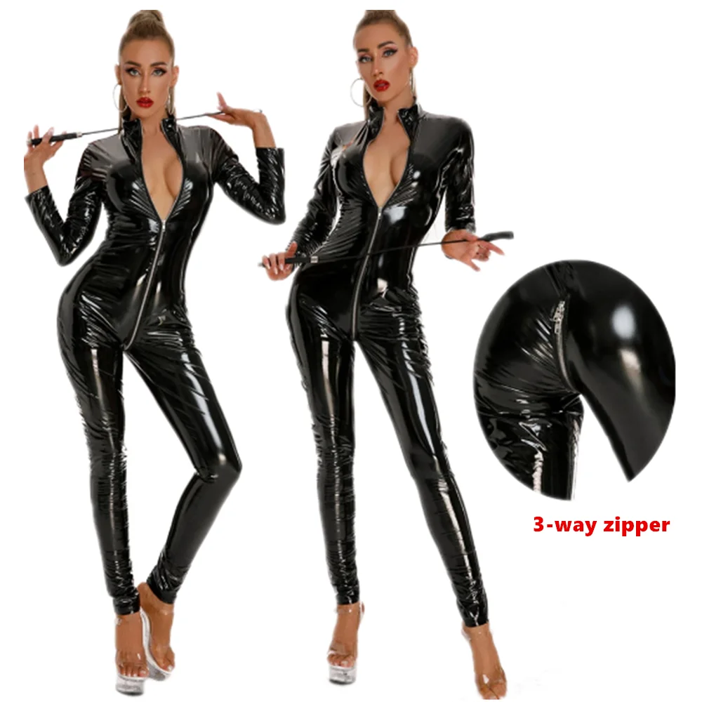 Black Wet Look PVC Latex Catsuit Long Sleeve 3 Zipper Open Crotch Bodysuit Sexy Clubwear Shiny PU Faux Leather Jumpsuit