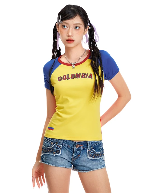 Women Crew Neck Short Sleeve Crop Top Red Yellow Blue Color Block Slim Fit  T Shirt Y2K Summer Cute Baby Tees - AliExpress