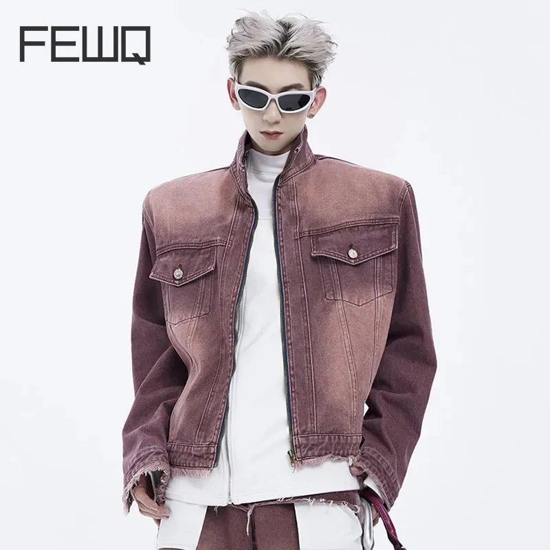 

FEWQ Men's Jacket Zipper Design Denim American High Street Stand Collar Shoulder Pads 2023 Short Coat Long Sleeve Male Tops