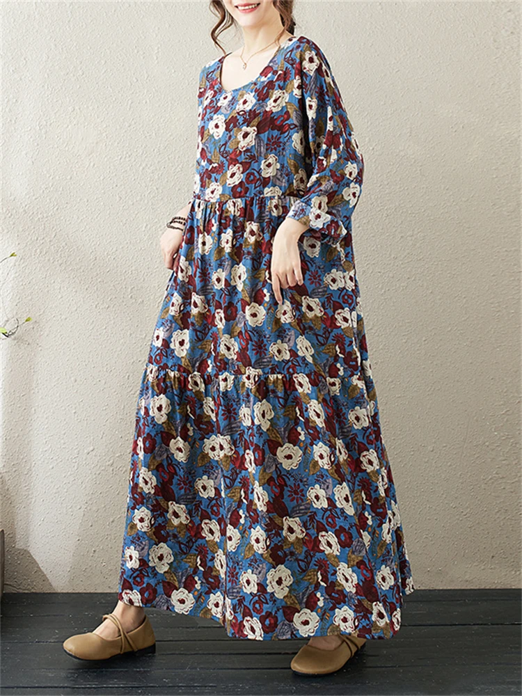 2025 Spring Autumn Cotton Vintage Long Sleeve Print Dresses For Women Casual Loose Dress Office Lady Vestidos Elegant Clothing