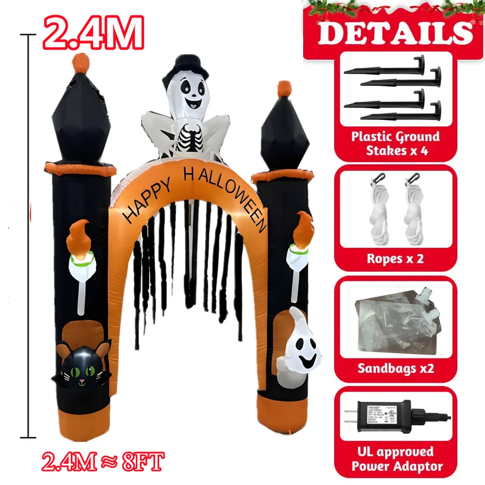 Décoration Gonflable Halloween Chat Noir Géant 8 Pieds Avec Citrouille - LED Intégrées, Neuf