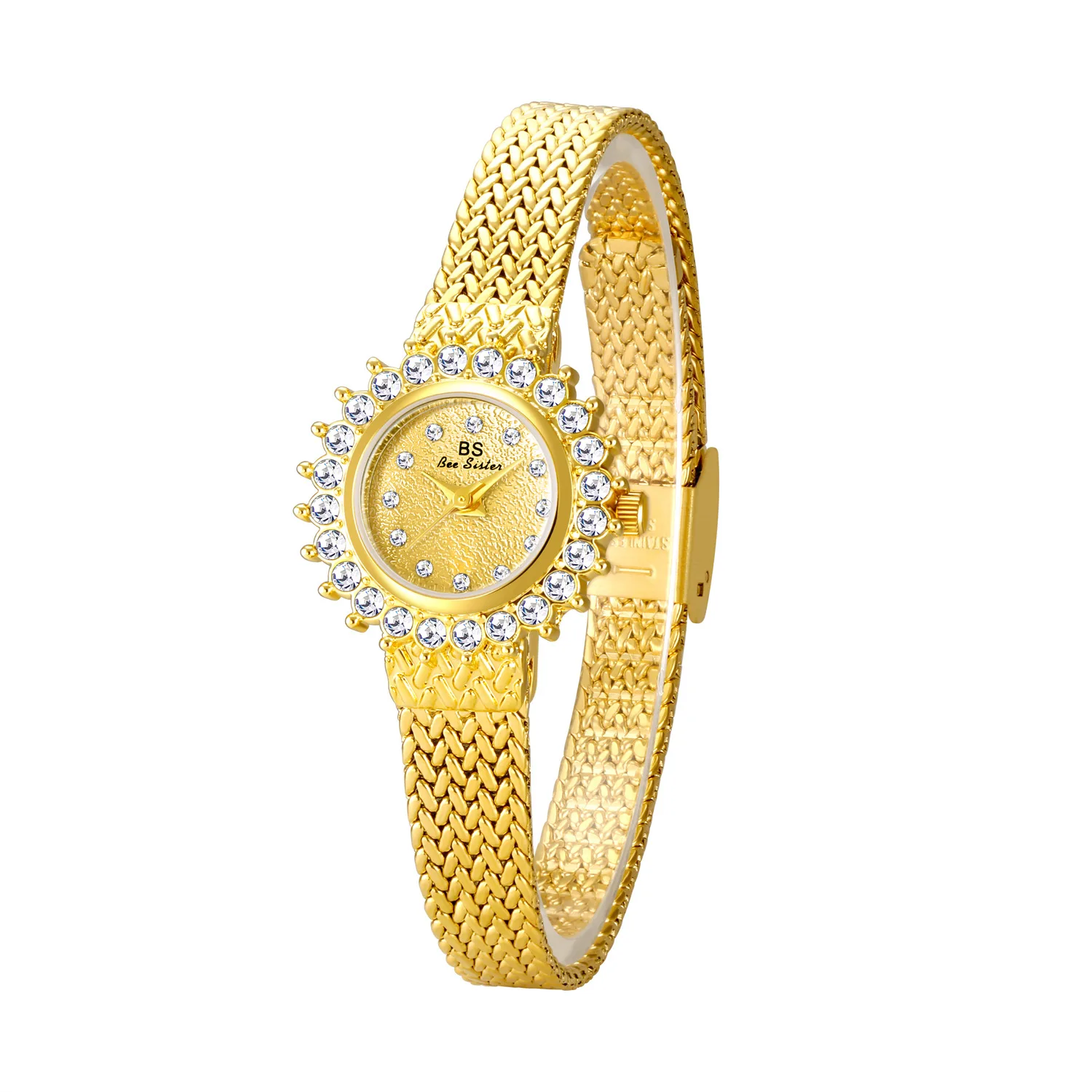 Elegant Sunflower Diamond Dial Gold Women's Watch with Mesh Bracelet