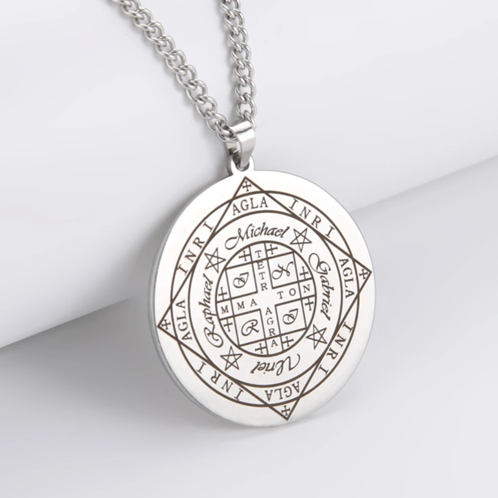 Dawapara Fortune Wheel AGLA INRI Edelstahl Herren Halskette Solomon Reichtum Amulett Michael Uriel Raphael Gabriel Erzengel Siegel
