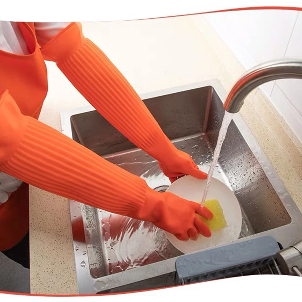 Household Long Rubber Gloves 1 Pair Waterproof Cleaning Gardening Non-slip Reusable Washable