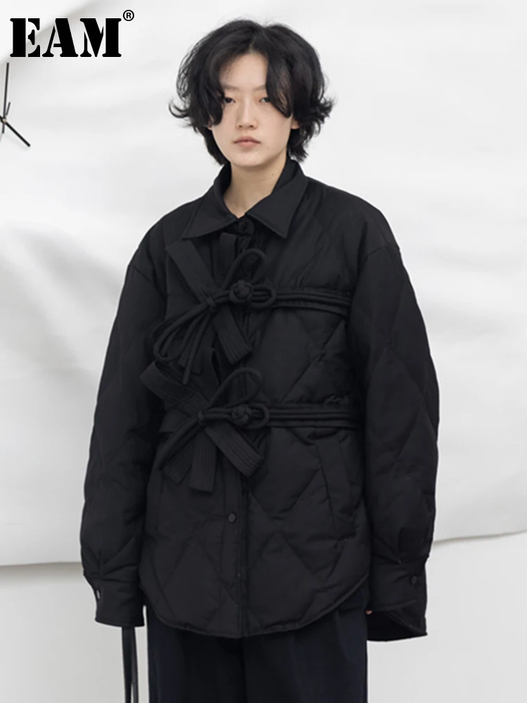

[EAM] Loose Fit Black Bow Big Size Down Jacket New Hooded Long Sleeve Warm Women Parkas Fashion Tide Autumn Winter 2023 1DH0111