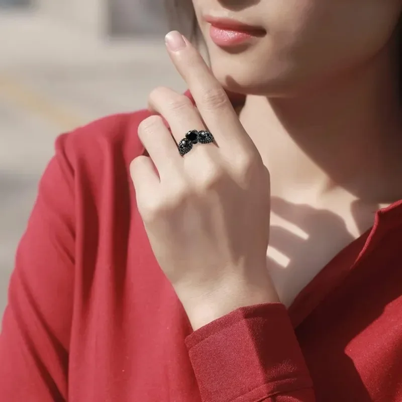 Gothic Black Ring Red Crystal Vampire Double Skull Rings  for Women Party Wedding Jewelry