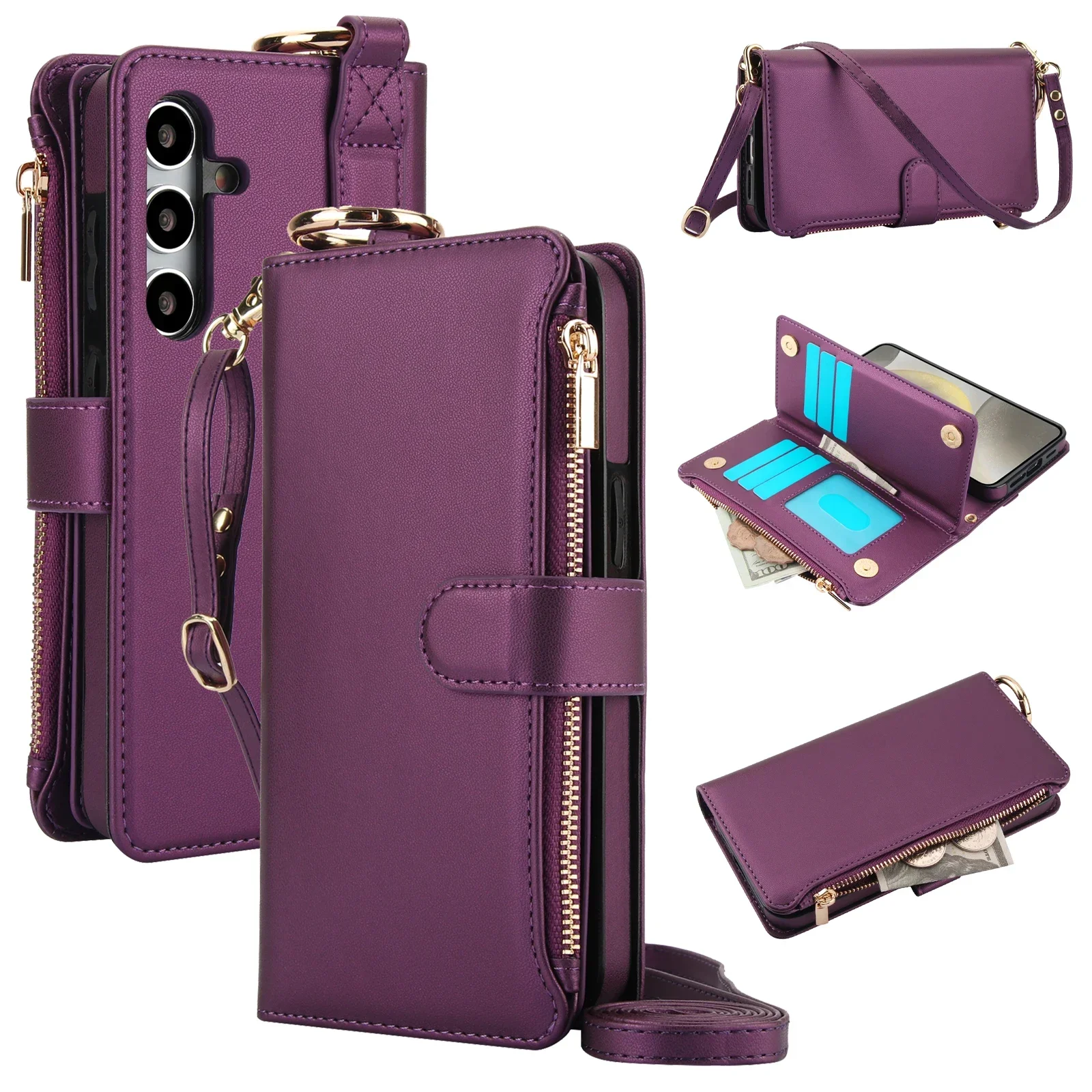 Leather Wallet Case with Ring Lanyard and Card Slots - Zipper Flip Purse Cover