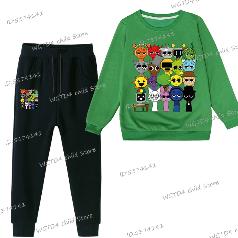 Spring Boys Girls Anime Sprunki Suit Funny Game Figure Print Sweatshirt Long Sleeve Pullovers+Fashion Sprunki Trousers 2pc Sets 2