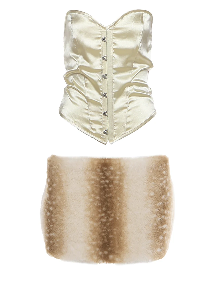 Nibber Sexy 2 Piece Set Women Invisible Button Corset Top+Gradient Furry Peach Hip Skirt Midnight Clubwear Christmas Outfits