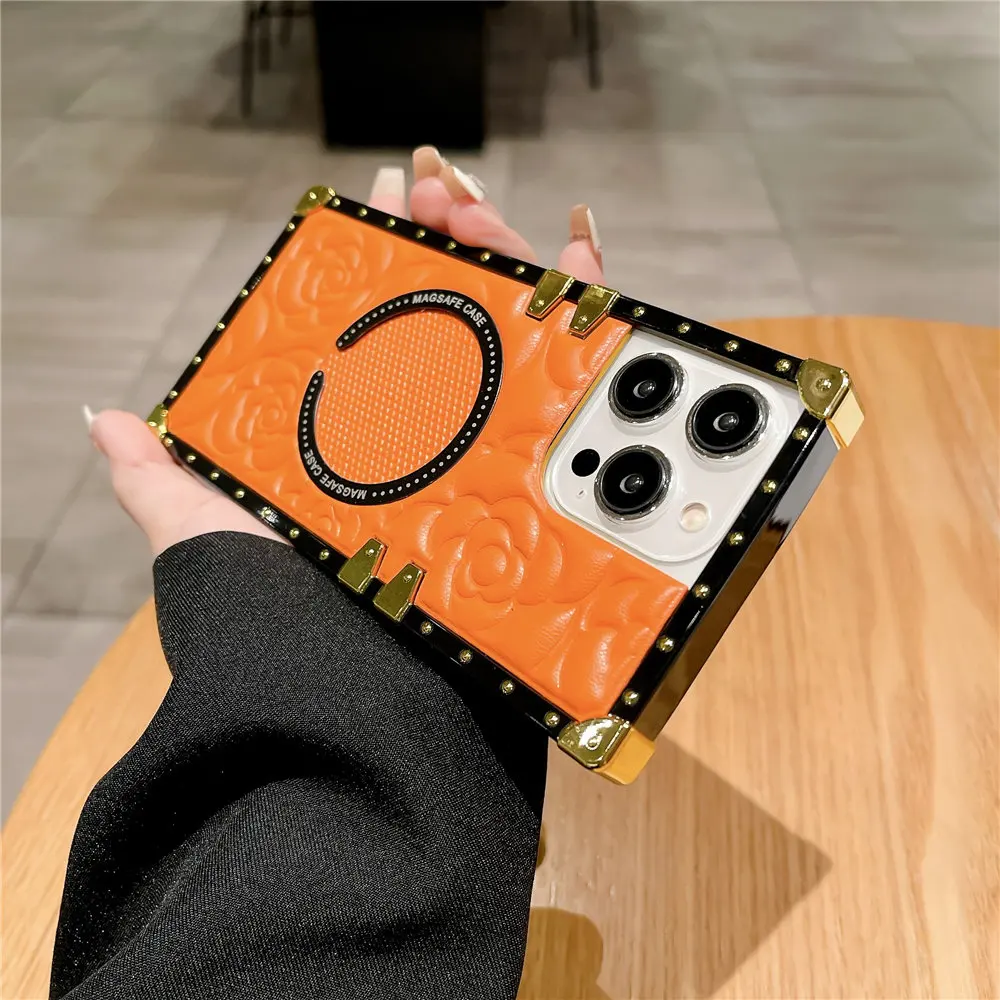 Fashion 3D Flower Leather Plating Square Case For Magsafe iPhone 13 14 Plus 12 11 15 Pro Max Wireless Charging_voghion.com