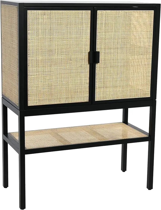 

Creative Co-Op Pine Wood Natural Rattan Detail Cabinet, Black living room cabinets drawer furniture