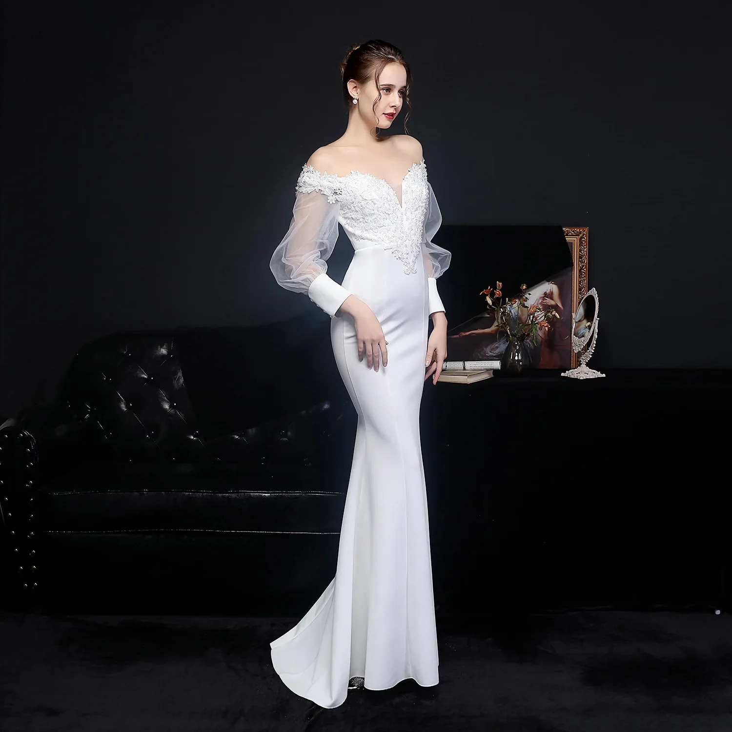 knee length dresses for ladies A-line Luxury Crystal Elegant Long Prom Dress Detachable Ribbon Long E –  SELINADRESS main image 0