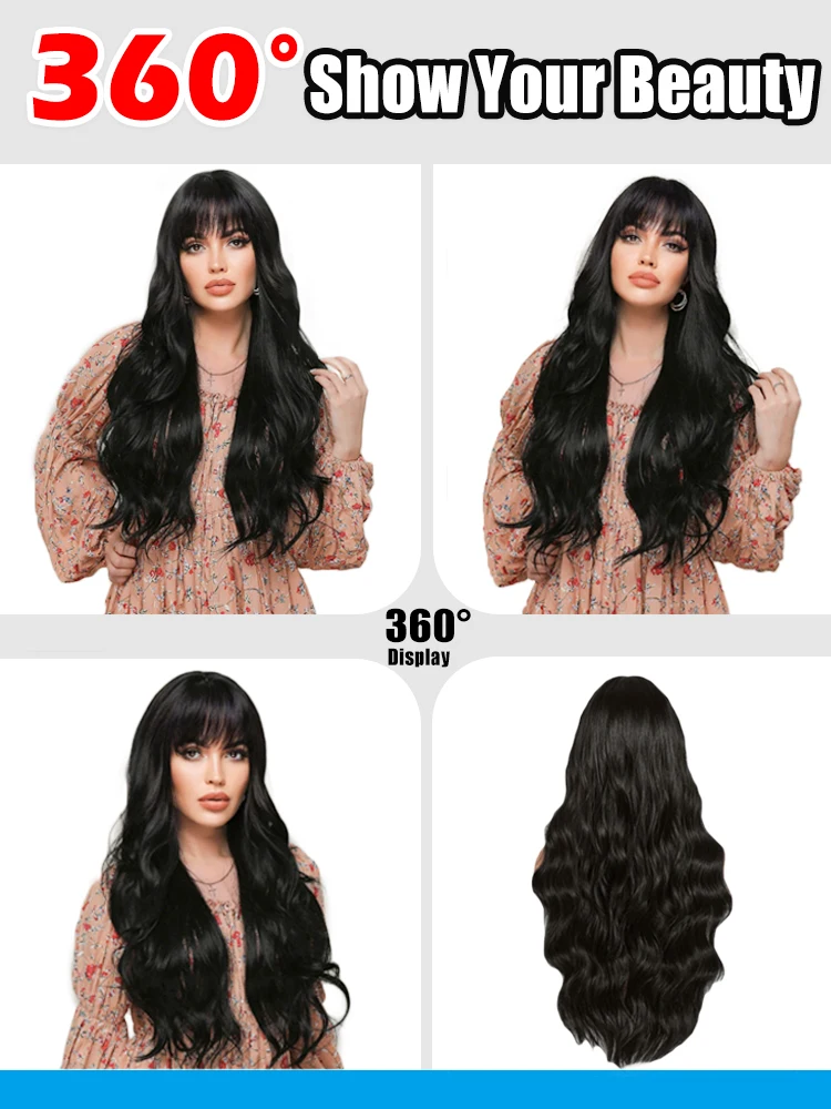Human Hair Bangs and Wavy Curls synthetic human hair wig Easy to care