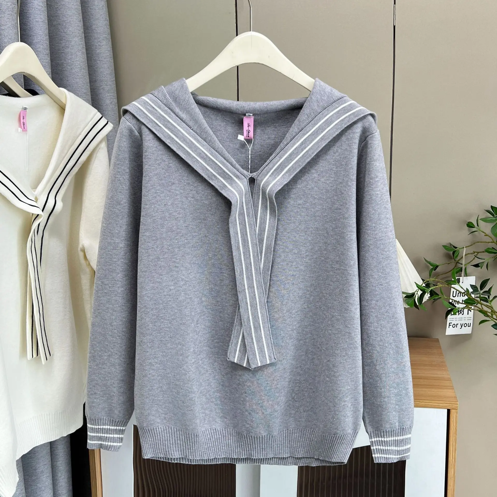 XXXXL Fashion Plus Size Women's Sweaters New Autumn Style Of Youthful Ribbon Sailor Collar Knitted Jumpers 5196